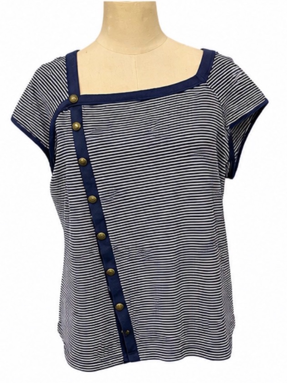 Maeve Anthropologie Navy & White Striped Asymmetrical Button Top XL